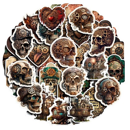 50Pcs Halloween Steampunk Skull PVC Adhesive Sticker Sets PW-WG79286-01-1