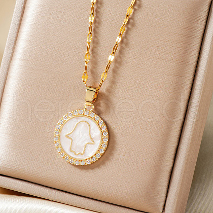 Exquisite Brass Micro Pave Clear Cubic Zirconia Flat Round with Hamsa Hand Pendant Necklaces VI9739-1-1