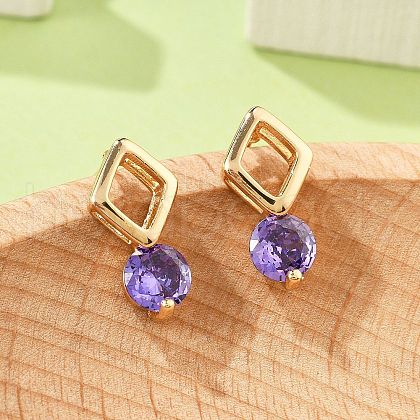 Rhombus & Flat Round Brass Micro Pave Cubic Zirconia Stud Earrings for Women EJEW-G428-20G-03-1