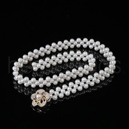 White Acrylic Pearl Beaded Elastic Chain Belts with Alloy Buckles WG1BD5E-03-1