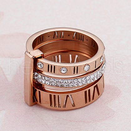 Roman Numerals 304 Stainless Steel & Crystal Rhinestone Finger Rings FS-WGD9A22-51-1
