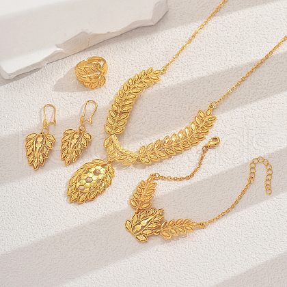 Vintage Alloy Hollow Out Wheat Ear Bracelets & Earrings & Necklaces & Rings Set for Women AM1259-1