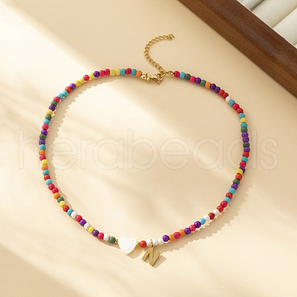 Heart Natural Shell & Colorful Glass Seed Round Beaded Necklaces FS-WGE10D5-14-1