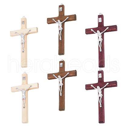 DICOSMETIC 6Pcs 3 Colors Religion Cross Wood Big Pendants WOOD-DC0001-18-1