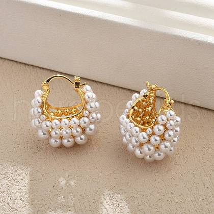 Brass ABC Plastic Imitation Pearl Basket Hoop Earrings EJEW-S270-08G-1