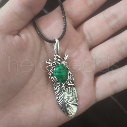 Vintage Synthetic Malachite Alloy Feather Pendant Necklace for Women Men AO2435-6-1