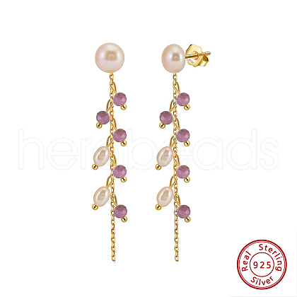 Natural Lepidolite & Natural Freshwater Pearl & 925 Sterling Silver Leaf Dangle Stud Earrings for Women EJEW-G412-02G-1