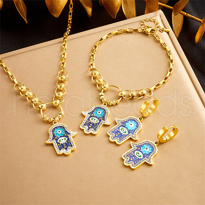 Hamsa Hand with Evil Eye Stainless Steel Enamel Pendant Necklaces & Charm Bracelets & Hoop Earrings Sets FS-WG4E92D-01-1
