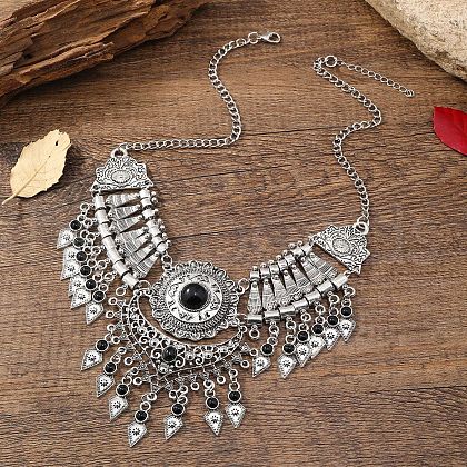 Ethnic Style Zinc Alloy Pave Synthetic Turquoise Teardrop Statement Chunky Bib Necklaces for Women FS-WG23959-04-1