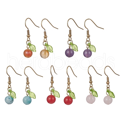 5 Pairs 5 Style Natural Mixed Gemstone Round Dangle Earrings EJEW-JE05492-S-1