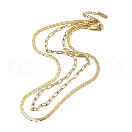 304 Stainless Steel Paperclip & Herringbone Chains Double Layer Necklace for Men Women NJEW-E046-01G-1