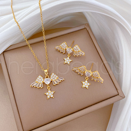 Brass Micro Pave Cubic Zirconia Pendant Necklace & Stud Earrings WG7AC39-122-1