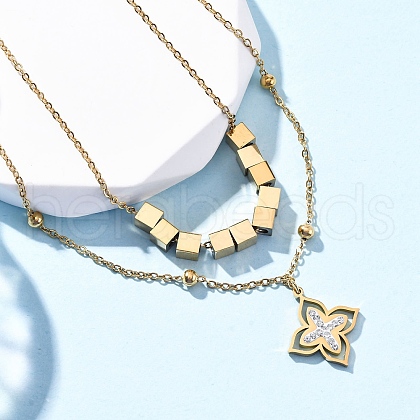304 Stainless Steel Crystal Rhinestone Flower Pendant Double Layer Necklaces NJEW-R026-07G-1