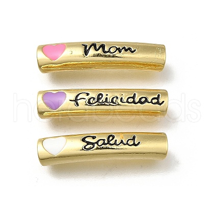 Mother's Day Brass Enamel Heart Word Mom Curved Tube Beads KK-C090-51G-1