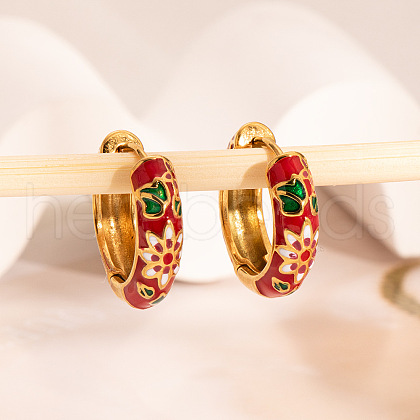 Chinese Retro Stainless Steel Enamel Ring with Flower Pattern Hoop Earrings BB7359-1-1