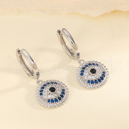 Retro Style Flat Round with Evil Eye S925 Sterling Silver Clear Cubic Zirconia Hoop Earrings LX8023-2-1