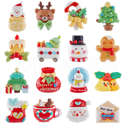 SUNNYCLUE 64Pcs 16 Styles Christmas Tree/Snowman/Bag/Socking/Santa Claus/Deer/Candy Cane/Fireplace Opaque Resin Decoden Cabochons RESI-SC0005-74-1