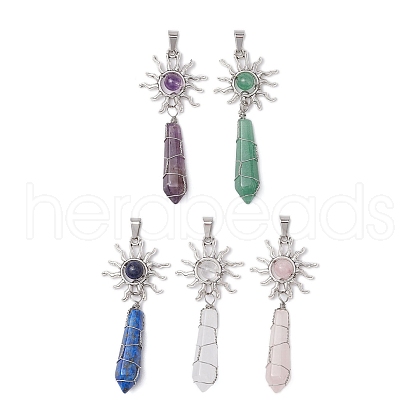 5Pcs Copper Wire Wrapped Natural Lapis Lazuli & Quartz Crystal & Rose Quartz & Green Aventurine & Amethyst Big Pendants PALLOY-JF03640-1