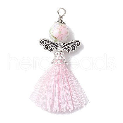 Porcelain Beaded with Polycotton Tassel Big Pendants PALLOY-JF02986-03-1