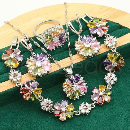 Flower Brass Pave Cubic Zirconia Pendant Necklaces & Earring & Ring & Link Bracelets Sets for Women FS-WGF337B-06-1