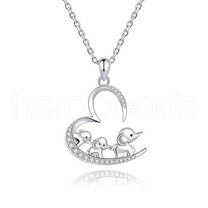 Mother's Day Heart with 3 Elephants 304 Stainless Steel Micro Pave Clear Cubic Zirconia Pendant Necklaces for Women FS-WGA5B1D-02-1