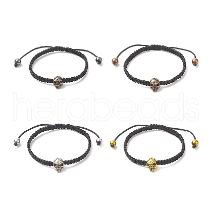 4Pcs 4 Color Synthetic Hematite & Alloy Skull Braided Bead Bracelets Set BJEW-JB09215-1