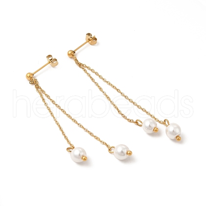 Glass Pearl Tassel Dangle Stud Earrings EJEW-P219-20G-1