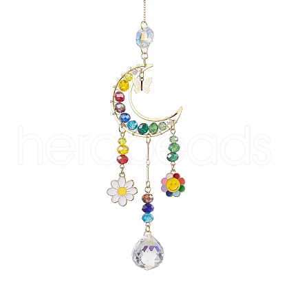 Glass Beads Wire Wrapped Brass Moon Hanging Ornaments HJEW-TA00212-1