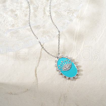 Vintage Brass Pave Clear Cubic Zirconia & Cyan Enamel Crown Eye Pendant Necklaces for Women XM7350-2-1