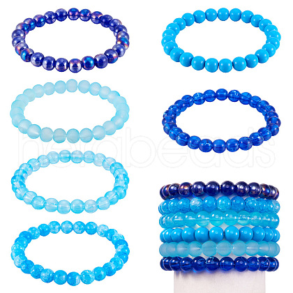 6Pcs 6 Styles 8mm Glass Round Beaded Stretch Bracelet Sets BJEW-TAC0021-1