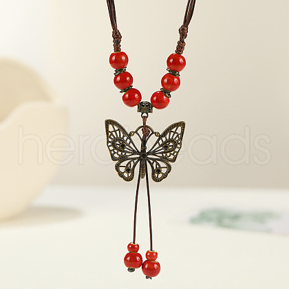 Ethnic Style Butterfly Alloy & Porcelain Beads Pendant Long Necklaces for Women FS-WG12891-03-1