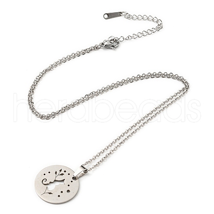 201 Stainless Steel Cat with Leaf Pendant Necklace with Cable Chains NJEW-Q317-17P-1