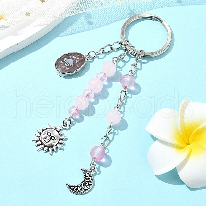 Glass & Alloy & Natural Strawberry Quartz Keychain KEYC-YW00146-02-1