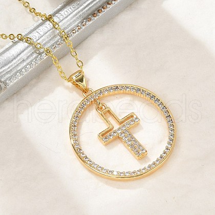 Brass Micro Pave Clear Cubic Zirconia Ring Pendant Necklaces NJEW-P322-A02-G-1