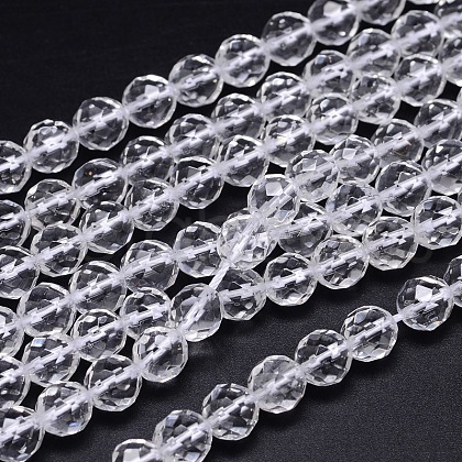 Faceted(64 Facets) Round Grade A Natural Quartz Crystal Beads Strands G-H1649-12mm-01N-A-01-1