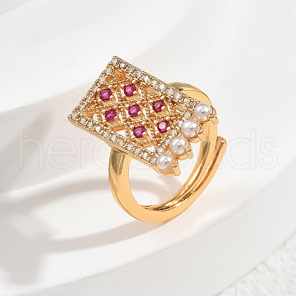 Brass Micro Pave Cubic Zirconia Pearl Adjustable Finger Rings for Women PQ9360-1-1