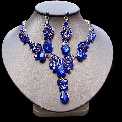 Teardrop Alloy Rhinestone Pendant Necklaces & Stud Earrings Sets FS-WG537BF-08-1