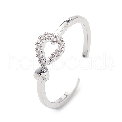 Clear Cubic Zirconia Hollow Heart Open Cuff Ring RJEW-C056-07P-1