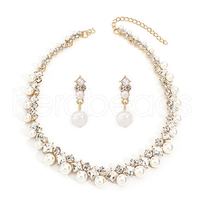 Rhombus Alloy & Plastic Pearl & Crystal Rhinestone Pendant Necklace & Stud Dangle Earring FS-WGAC24E-01-1