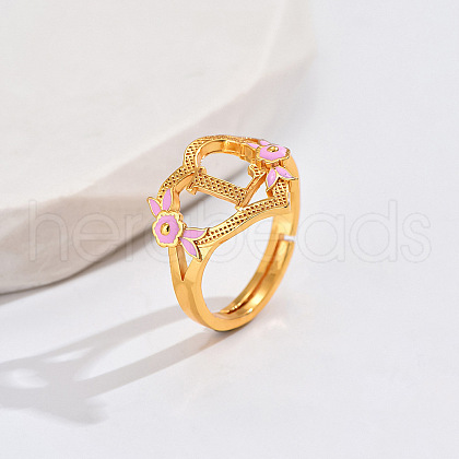 Heart & Flower Brass Pearl Pink Enamel Adjustable Finger Rings FS-WG8B9BA-11-1