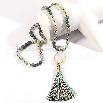 Bohemian Oval Natural Druzy Agate Tassel Pendant Necklaces FS-WGAFDEB-05-1