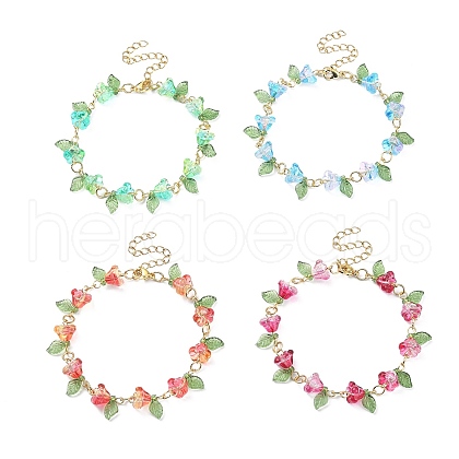 4Pcs 4 Color Acrylic & Glass Beaded Flower Linnk Chain Bracelets Set BJEW-TA00273-1