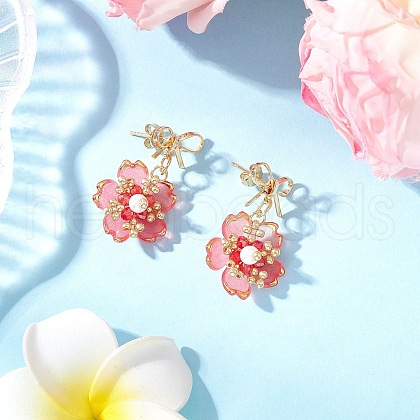Flower Handmade Glass Seed Beads Dangle Stud Earrings EJEW-MZ00471-04-1