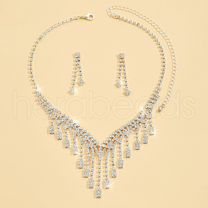 Rectangle & Rhombus Tassel Alloy Rhinestone Pendant Necklaces & Stud Earrings Sets FS-WG10B2D-01-1