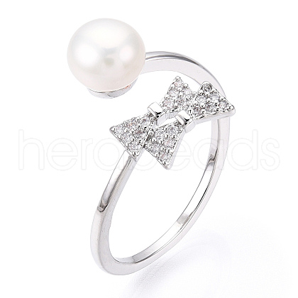 Natural Pearl Finger Open Cuff  Ring Micro Pave Clear Cubic Zirconia PEAR-N022-C03-1