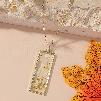 Rectangle with Inner Flower Resin Pendant Iron Cable Chain Necklaces for Women FS-WG0F8F1-01-1