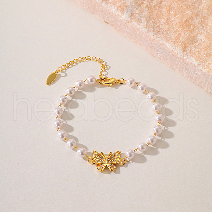 Fashionable Butterfly Brass Crystal Rhinestone & Imitation Pearl Braided Bead Bracelets for Women DV0214-6-1