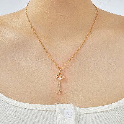 Elegant Brass Pave Clear Cubic Zirconia Iris Flower Key Pendant Necklaces HJ7231-1