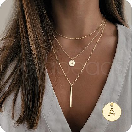 3Pcs Simple Style Brass Coin Letter Rectangle Pendant 3 Layer Necklaces FS-WG4BDA4-01-1