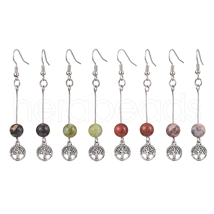 4 Pairs Natural Gemstone Round Beaded Dangle Earrings EJEW-JE05630-1